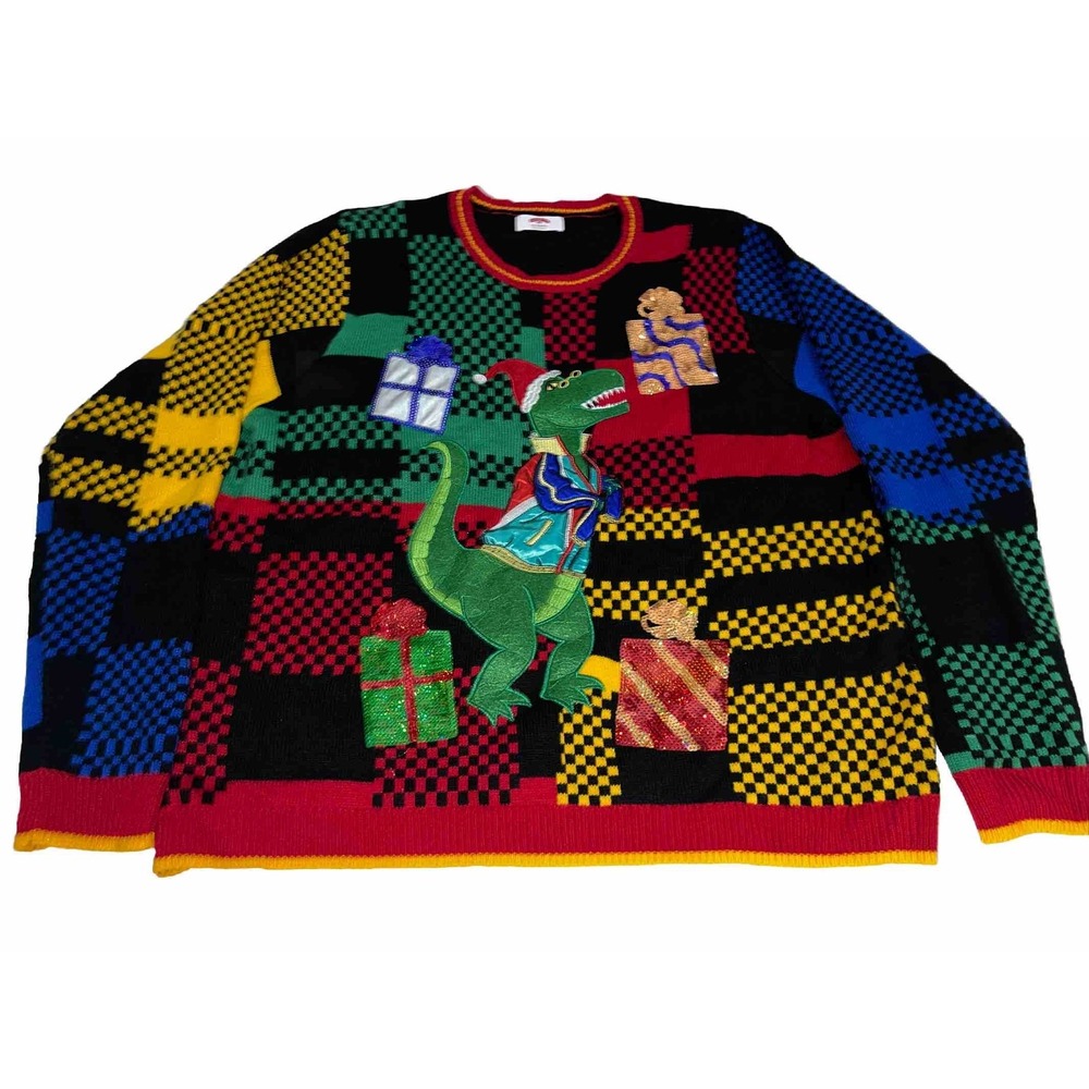 Ugly Christmas Sweater Sequence Plaid TRex 2XL Mix Materials Holiday Time